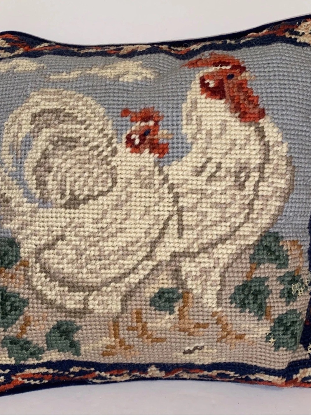 Vintage Needlepoint Pillow White Rooster Hen Accent Pillow 9" × 9"